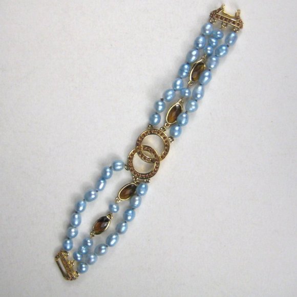 Faux Pearl Multi Strand Beaded Bracelet Goldtone Faceted Rhinestones Jewelry 7 i - Picture 1 of 9